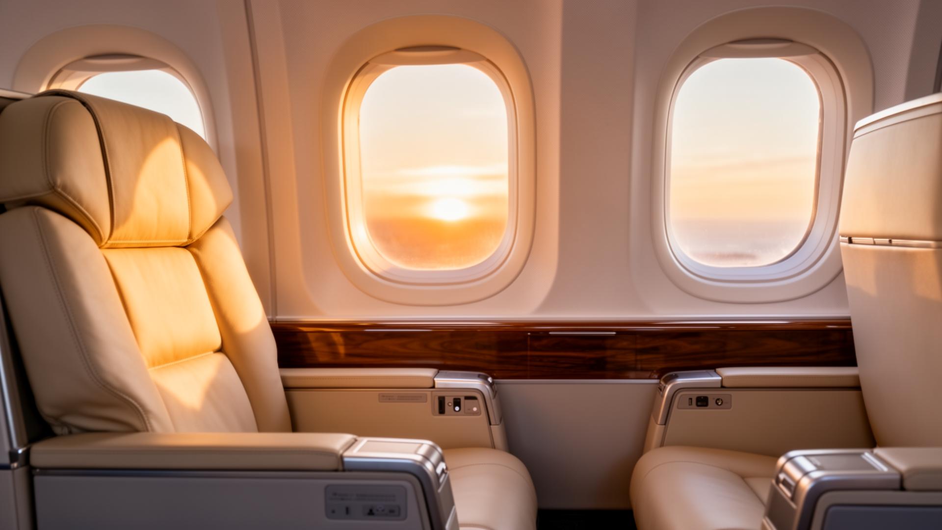 Business class cabin at golden hour
